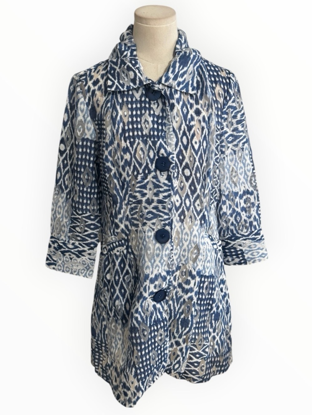 SAMUEL DONG Blue White Ikat Lightweight Long Jacket Top Cardigan XS Designer